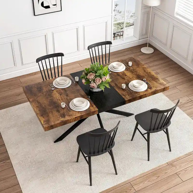 Table à manger rectangulaire extensible rétro avec plateau central embossé - Gris/Marron