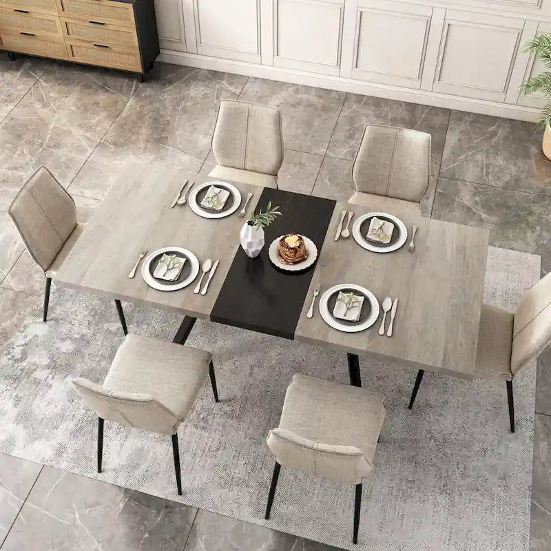 Table à manger rectangulaire extensible rétro avec plateau central embossé - Gris/Marron