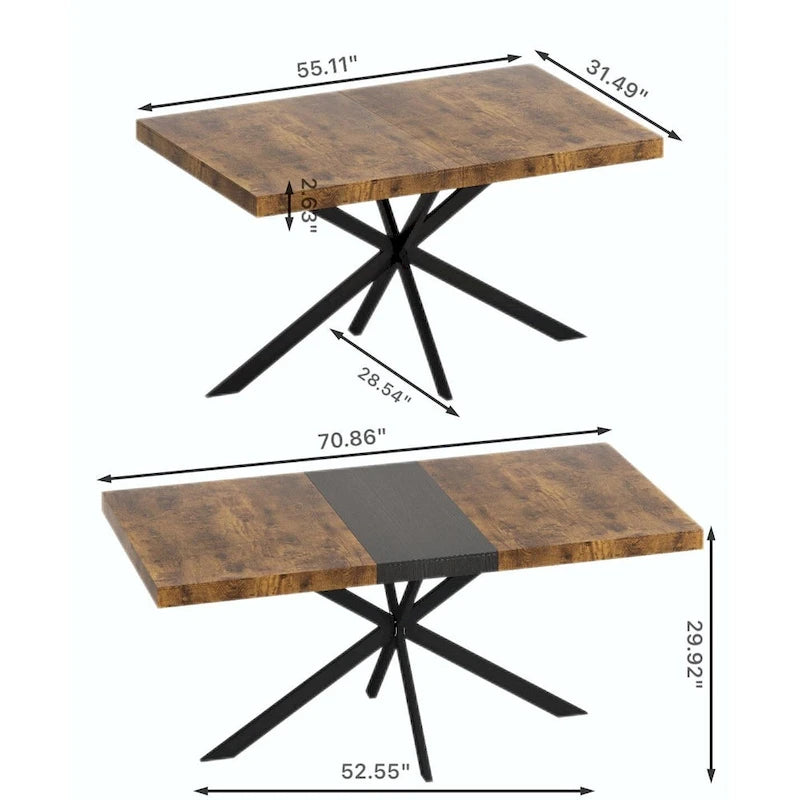 Table à manger rectangulaire extensible rétro avec plateau central embossé - Gris/Marron