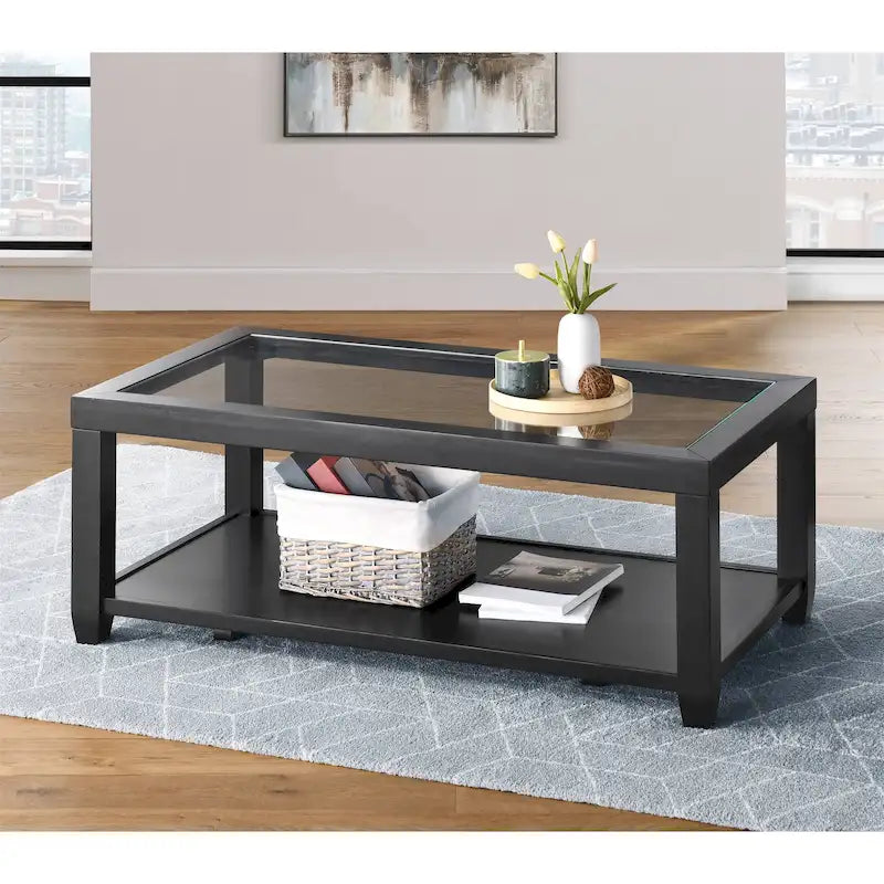 Table basse 48 po en bois et verre trempé avec étagère inférieure et roulettes