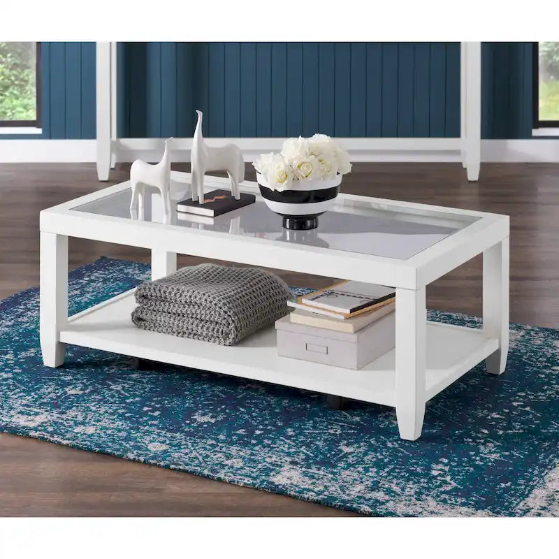 Table basse 48 po en bois et verre trempé avec étagère inférieure et roulettes