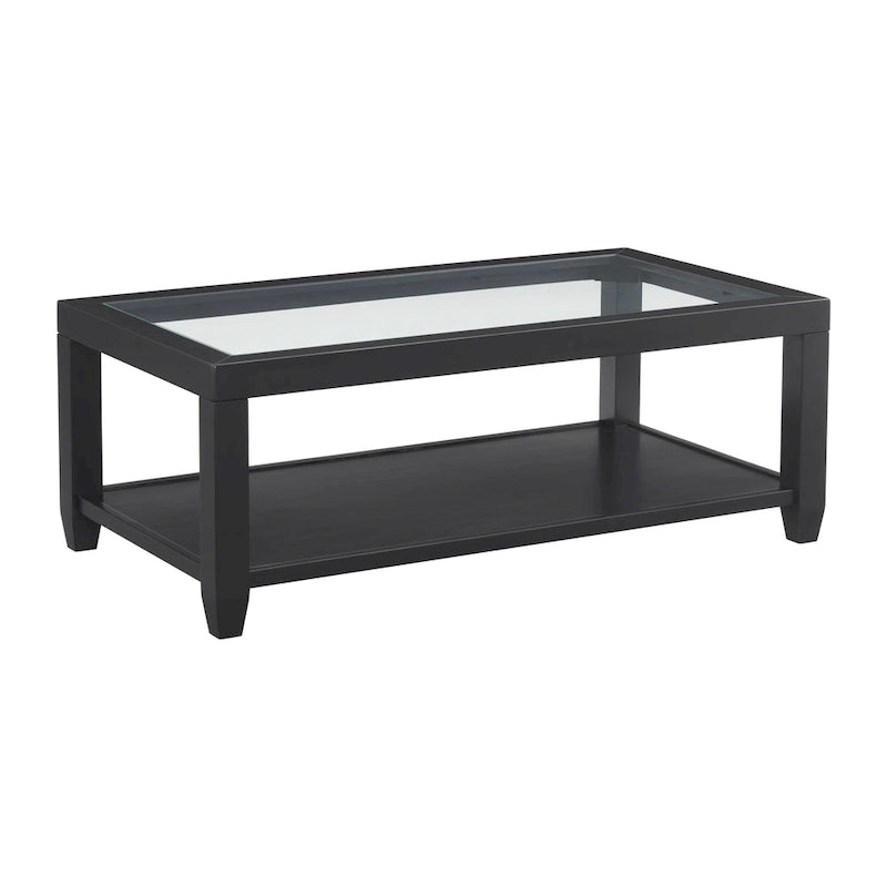 Table basse 48 po en bois et verre trempé avec étagère inférieure et roulettes