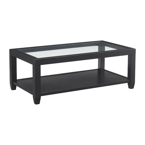 Table basse 48 po en bois et verre trempé avec étagère inférieure et roulettes