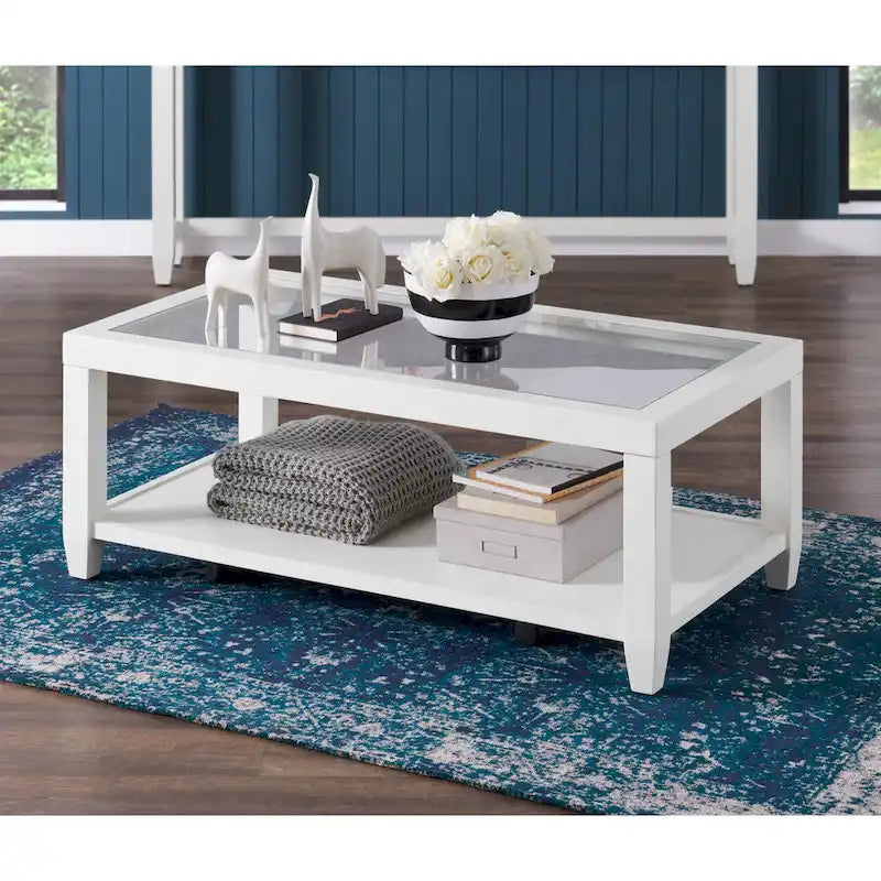 Table basse 48 po en bois et verre trempé avec étagère inférieure et roulettes
