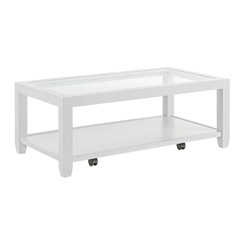 Table basse 48 po en bois et verre trempé avec étagère inférieure et roulettes