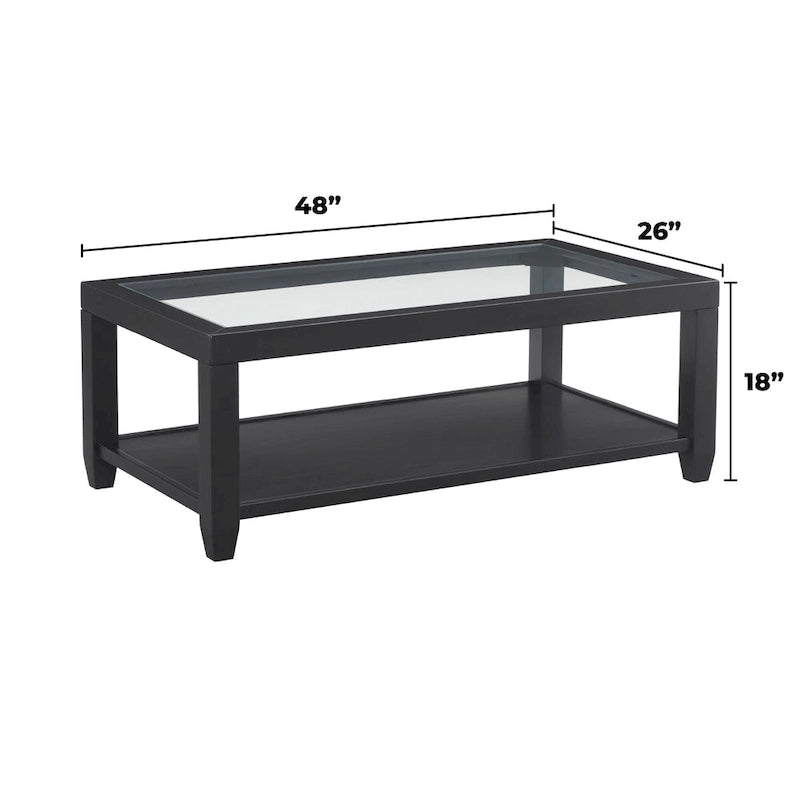 Table basse 48 po en bois et verre trempé avec étagère inférieure et roulettes