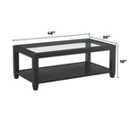 Table basse 48 po en bois et verre trempé avec étagère inférieure et roulettes