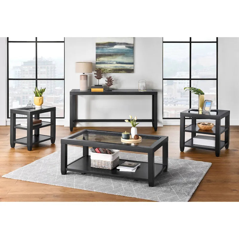 Table basse 48 po en bois et verre trempé avec étagère inférieure et roulettes