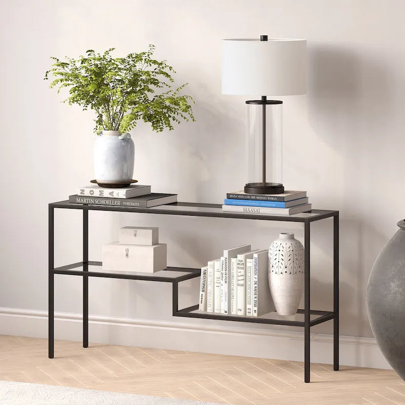Console en acier et verre trempé avec étagère à deux niveaux – Capacité de 18 kg