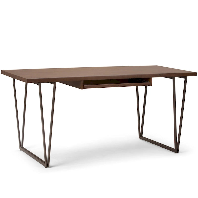 Bureau d'écriture industriel en bois massif 66 po avec tiroir à clavier - Marron vieilli naturel