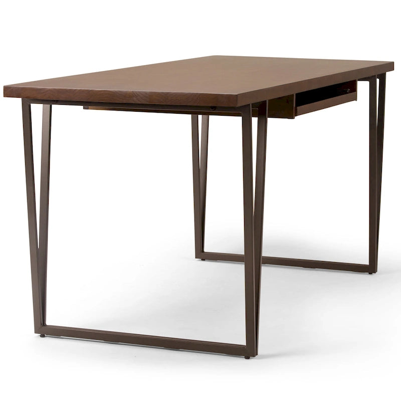 Bureau d'écriture industriel en bois massif 66 po avec tiroir à clavier - Marron vieilli naturel