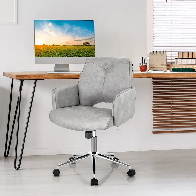 Chaise de bureau moderne en similicuir touffetée à dossier mi-hauteur - Gris