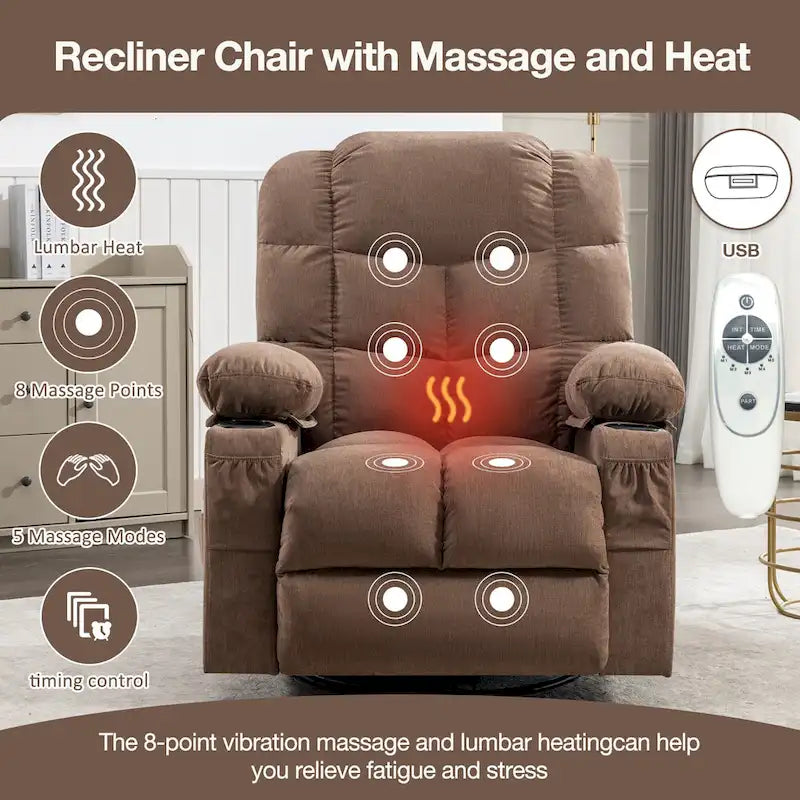 Fauteuil inclinable massant surdimensionné avec 2 porte-gobelets et un port de chargement USB