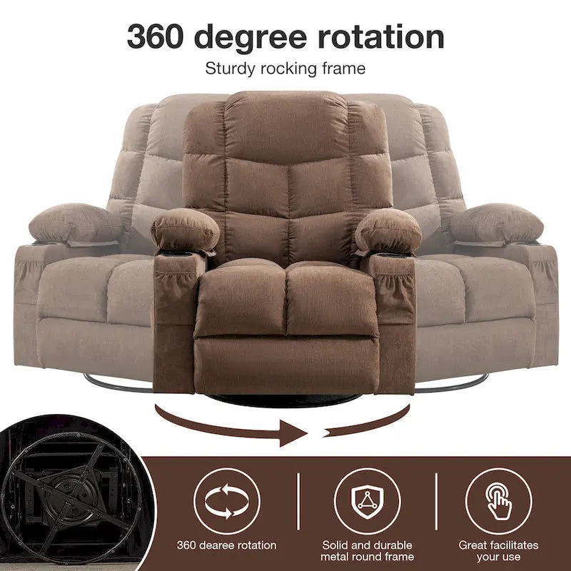 Fauteuil inclinable massant surdimensionné avec 2 porte-gobelets et un port de chargement USB