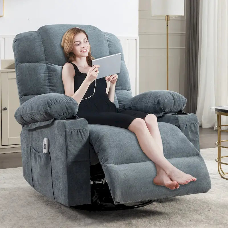 Fauteuil inclinable massant surdimensionné avec 2 porte-gobelets et un port de chargement USB