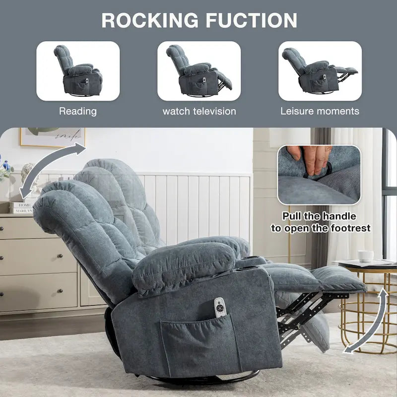 Fauteuil inclinable massant surdimensionné avec 2 porte-gobelets et un port de chargement USB