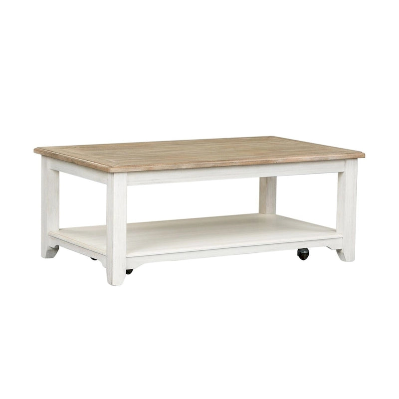 Table basse rectangulaire blanchie à roulettes et étagère inférieure