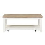 Table basse rectangulaire blanchie à roulettes et étagère inférieure