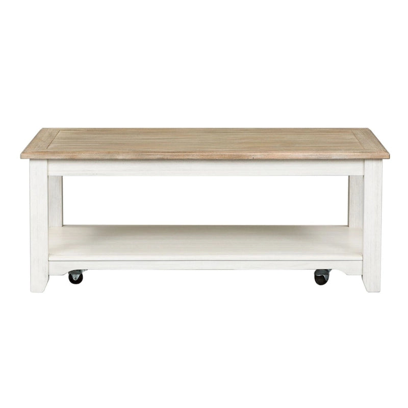 Table basse rectangulaire blanchie à roulettes et étagère inférieure