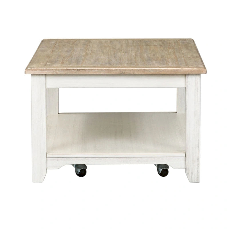 Table basse rectangulaire blanchie à roulettes et étagère inférieure