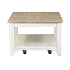 Table basse rectangulaire blanchie à roulettes et étagère inférieure