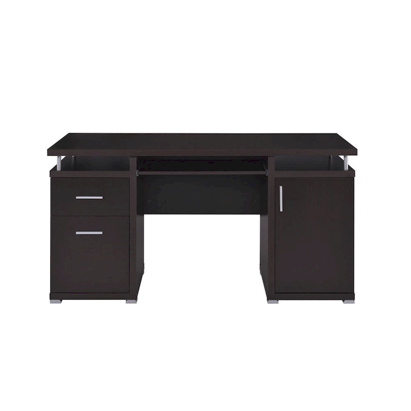 Bureau informatique avec 2 tiroirs, placard et tablette coulissante pour clavier - Marron