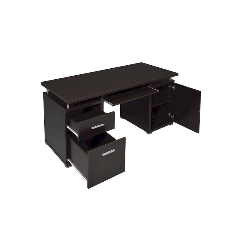 Bureau informatique avec 2 tiroirs, placard et tablette coulissante pour clavier - Marron