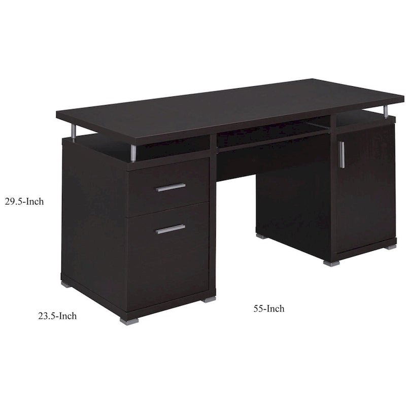 Bureau informatique avec 2 tiroirs, placard et tablette coulissante pour clavier - Marron