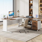 Bureau de direction en L avec classeur et étagères de rangement - Noyer/Blanc