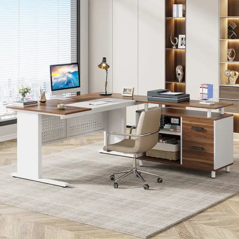 Bureau de direction en L avec classeur et étagères de rangement - Noyer/Blanc