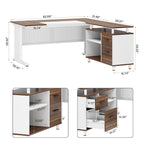 Bureau de direction en L avec classeur et étagères de rangement - Noyer/Blanc
