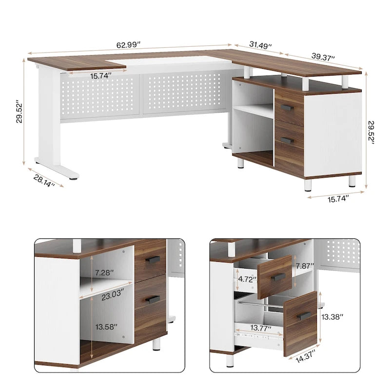 Bureau de direction en L avec classeur et étagères de rangement - Noyer/Blanc