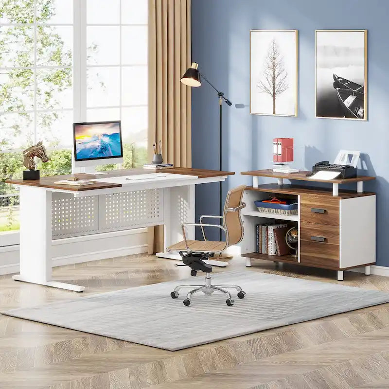 Bureau de direction en L avec classeur et étagères de rangement - Noyer/Blanc