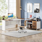 Bureau de direction en L avec classeur et étagères de rangement - Noyer/Blanc