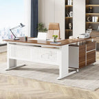 Bureau de direction en L avec classeur et étagères de rangement - Noyer/Blanc