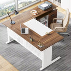 Bureau de direction en L avec classeur et étagères de rangement - Noyer/Blanc