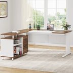 Bureau de direction en L avec classeur et étagères de rangement - Noyer/Blanc