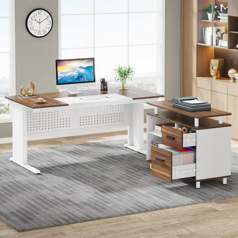 Bureau de direction en L avec classeur et étagères de rangement - Noyer/Blanc