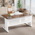 Bureau de direction en L avec classeur et étagères de rangement - Noyer/Blanc
