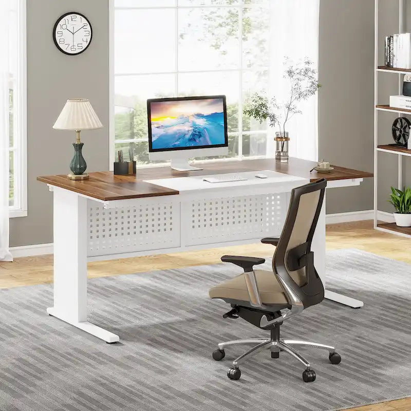 Bureau de direction en L avec classeur et étagères de rangement - Noyer/Blanc