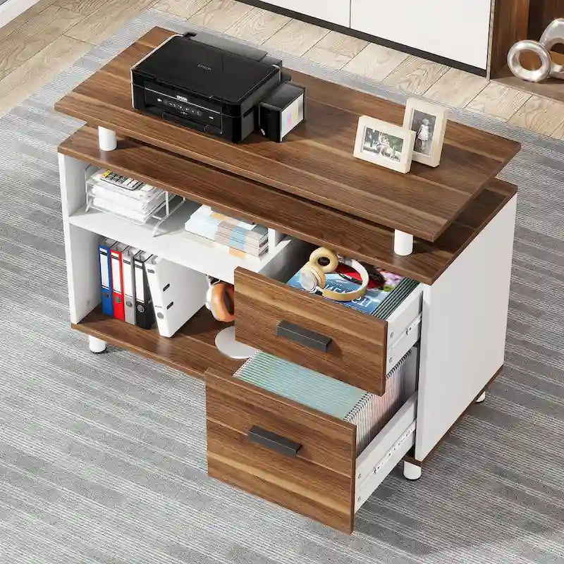 Bureau de direction en L avec classeur et étagères de rangement - Noyer/Blanc