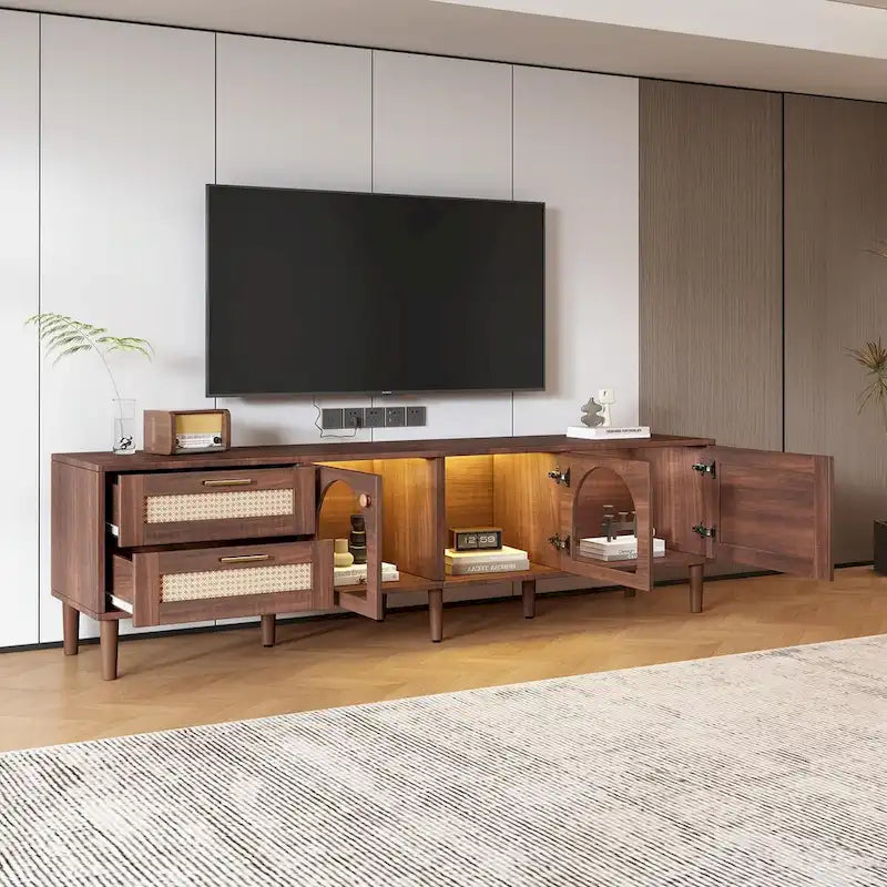 Meuble TV de 180 cm d'inspiration rotin avec 2 tiroirs et 3 placards pour téléviseurs jusqu'à 80 pouces