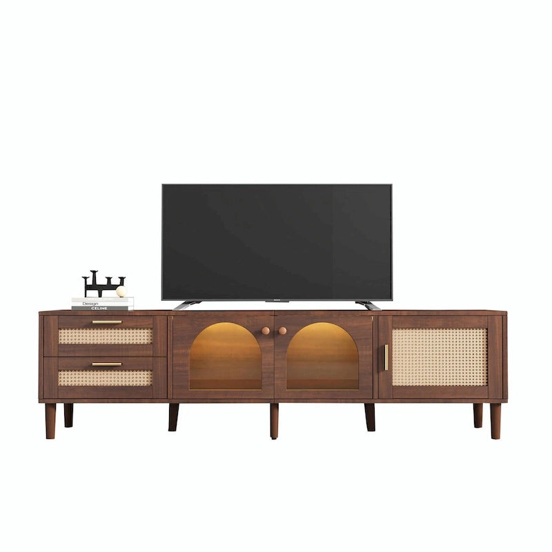Meuble TV de 180 cm d'inspiration rotin avec 2 tiroirs et 3 placards pour téléviseurs jusqu'à 80 pouces