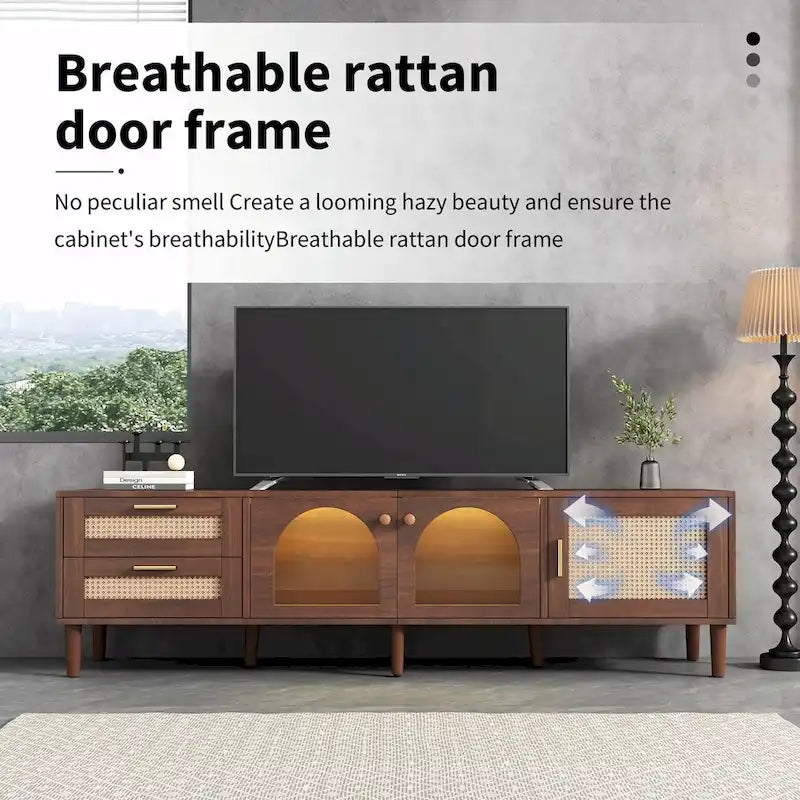 Meuble TV de 180 cm d'inspiration rotin avec 2 tiroirs et 3 placards pour téléviseurs jusqu'à 80 pouces