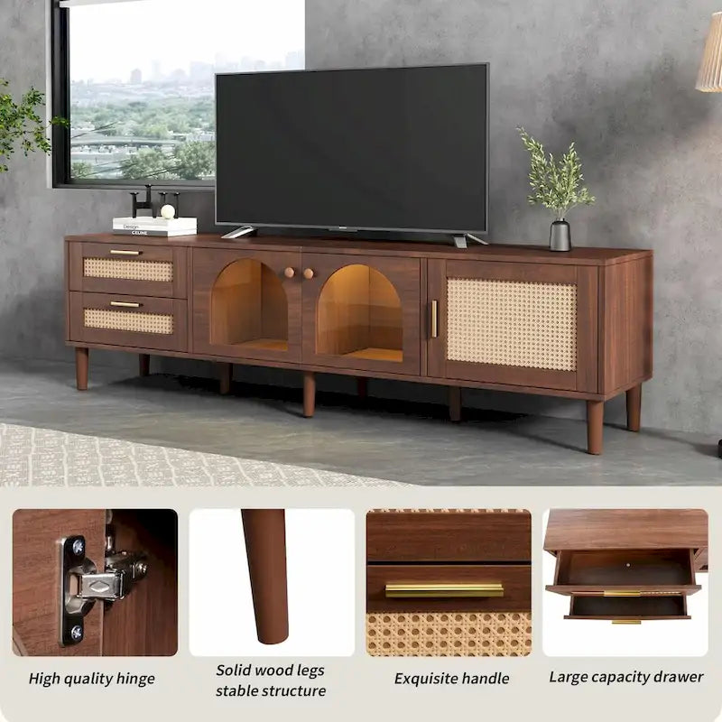 Meuble TV de 180 cm d'inspiration rotin avec 2 tiroirs et 3 placards pour téléviseurs jusqu'à 80 pouces