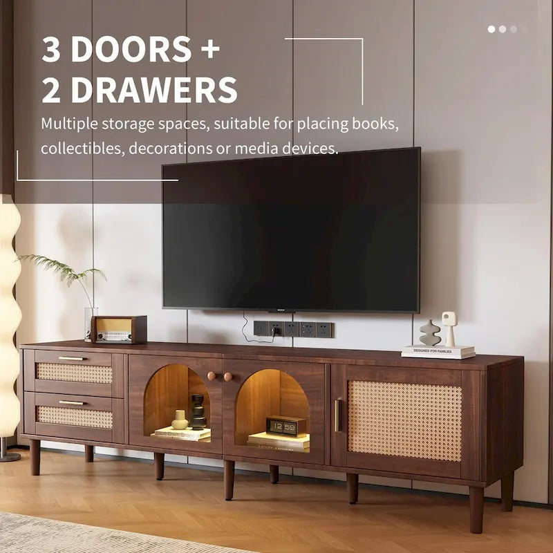 Meuble TV de 180 cm d'inspiration rotin avec 2 tiroirs et 3 placards pour téléviseurs jusqu'à 80 pouces