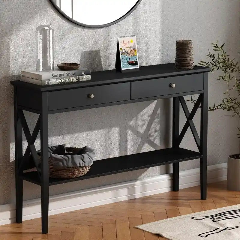 Console de 47 po avec tiroirs et étagère centrale - Plateau en bois d'hévéa naturel