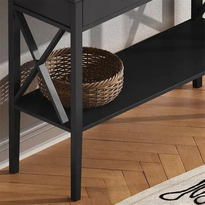 Console de 47 po avec tiroirs et étagère centrale - Plateau en bois d'hévéa naturel