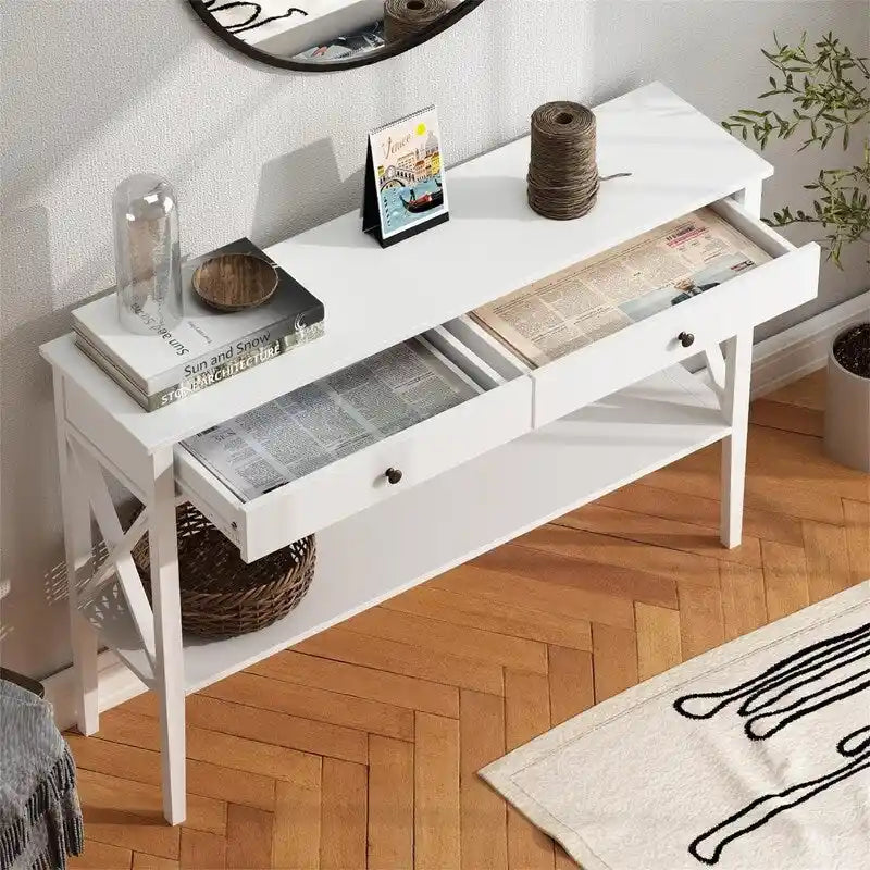Console de 47 po avec tiroirs et étagère centrale - Plateau en bois d'hévéa naturel