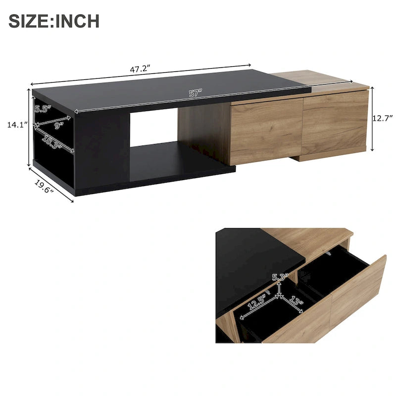 Table basse extensible avec 2 tiroirs de rangement – Design bicolore